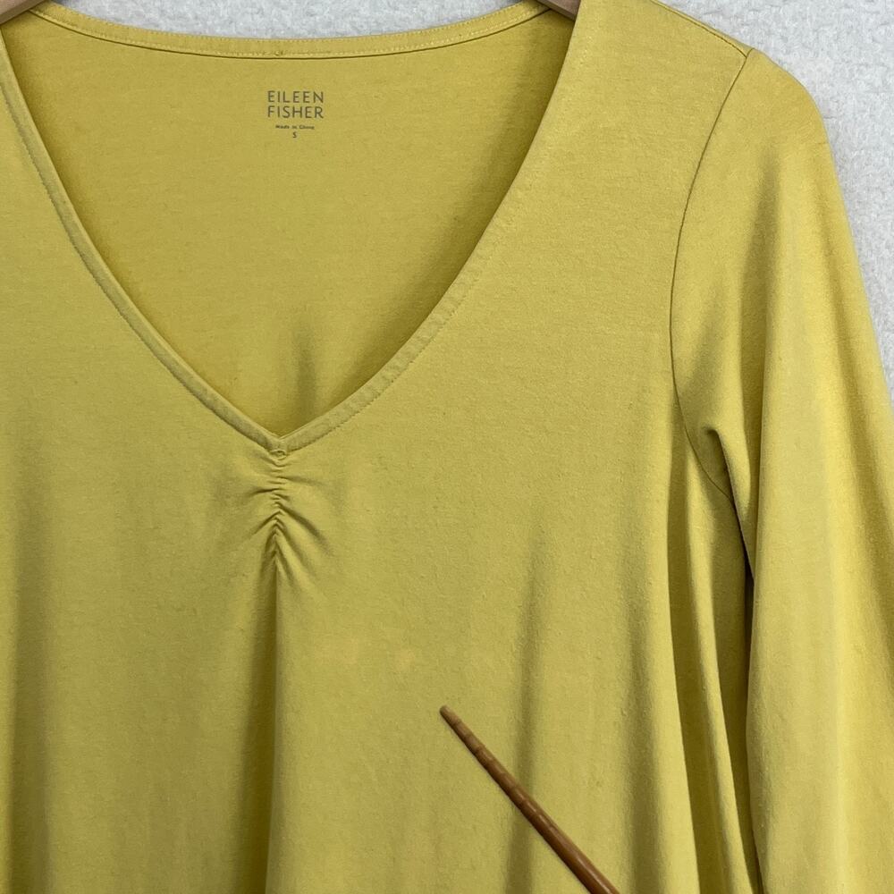EILEEN FISHER Top S Viscose Stretch Jersey Tunic Ruched V-Neck 3/4 Sleeve Yellow - Picture 7 of 11